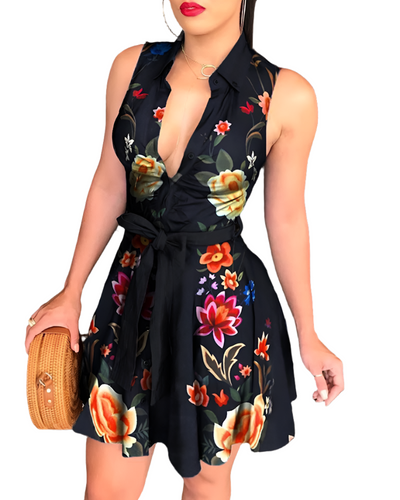 Women's V-Neck Tie Fashion Sexy Printed Dress