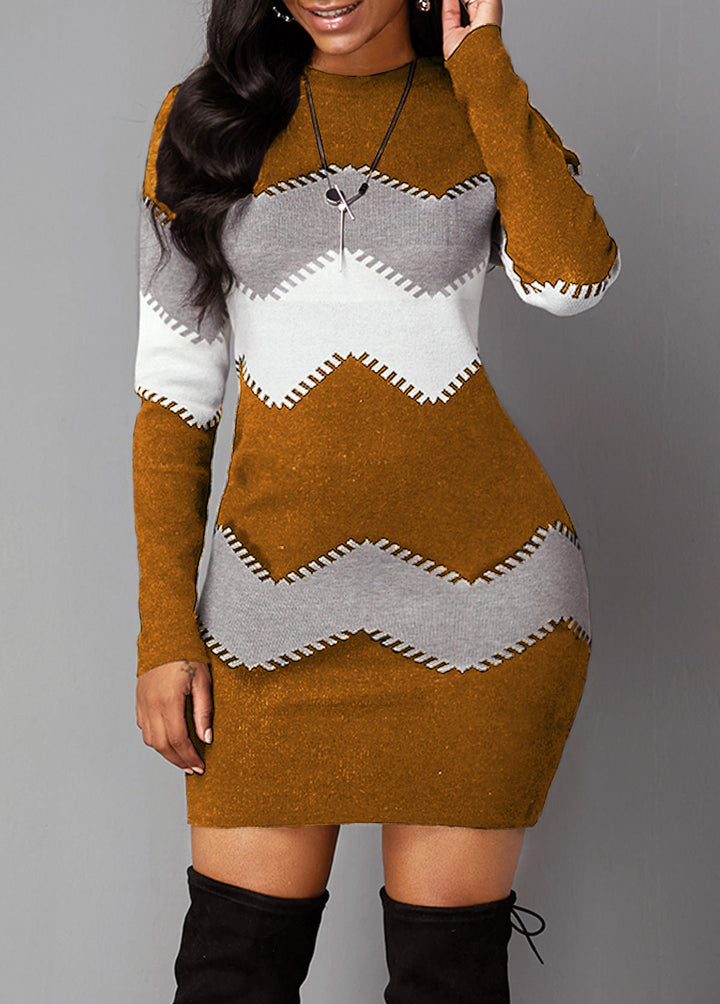 Mid-length Round Neck Long-sleeved Knit Bag Hip Bottoming Dress