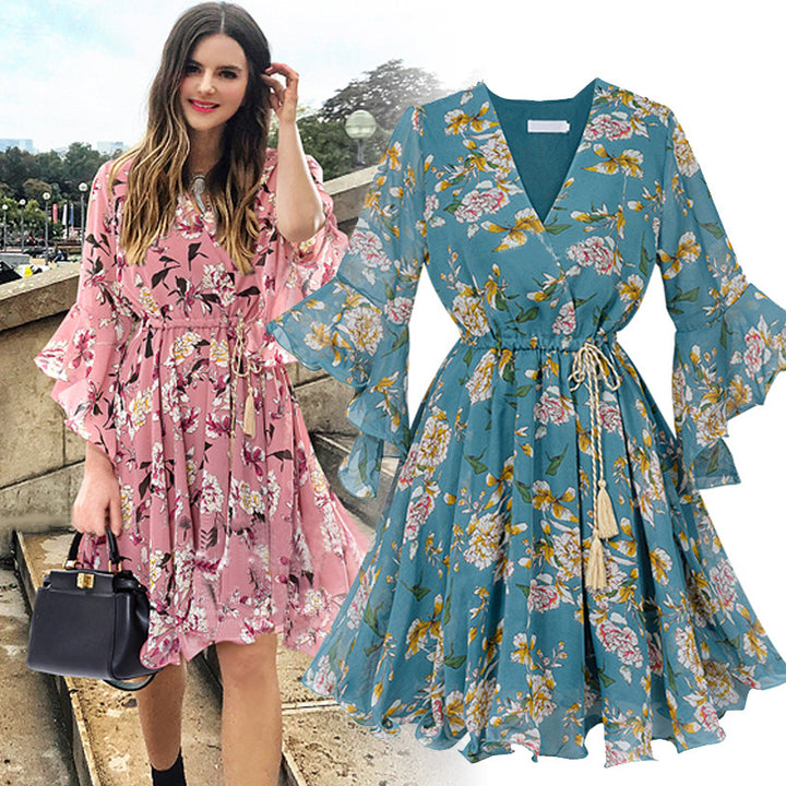 Floral V-neck flared sleeve dress