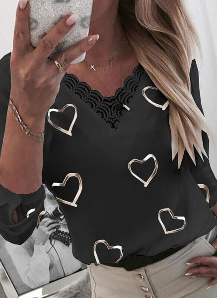 New Love Printing Long-Sleeved Collar Top Lace Stitching Casual Shirt Women