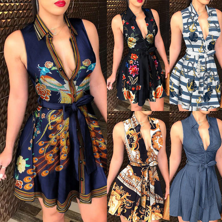 Women's V-Neck Tie Fashion Sexy Printed Dress