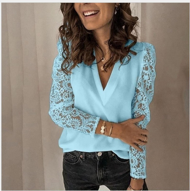 Stitching Lace Long-Sleeved Slim-Fitting Base Blouse For Women's Wear