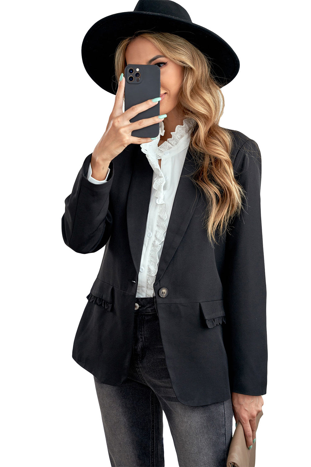 Lapel Collar Button Pocket Blazer