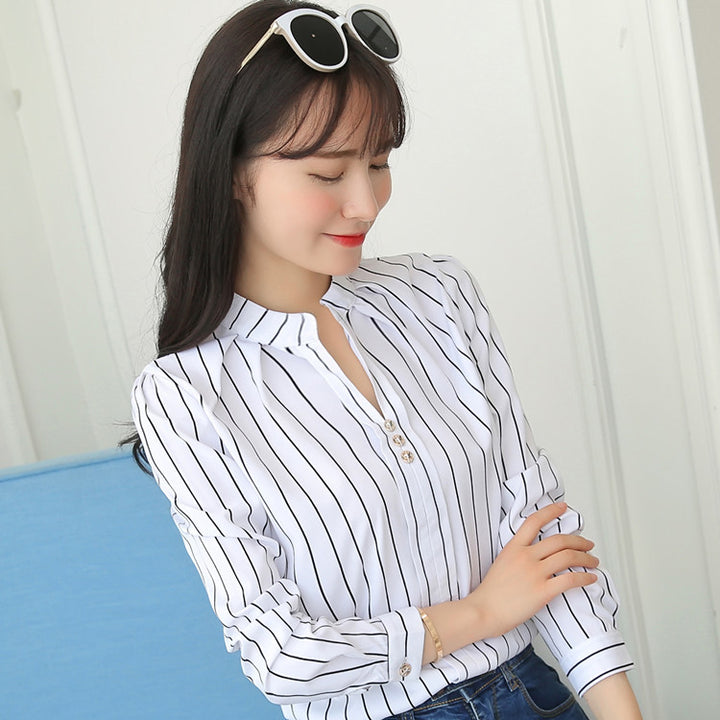 Loose striped stand collar blouse