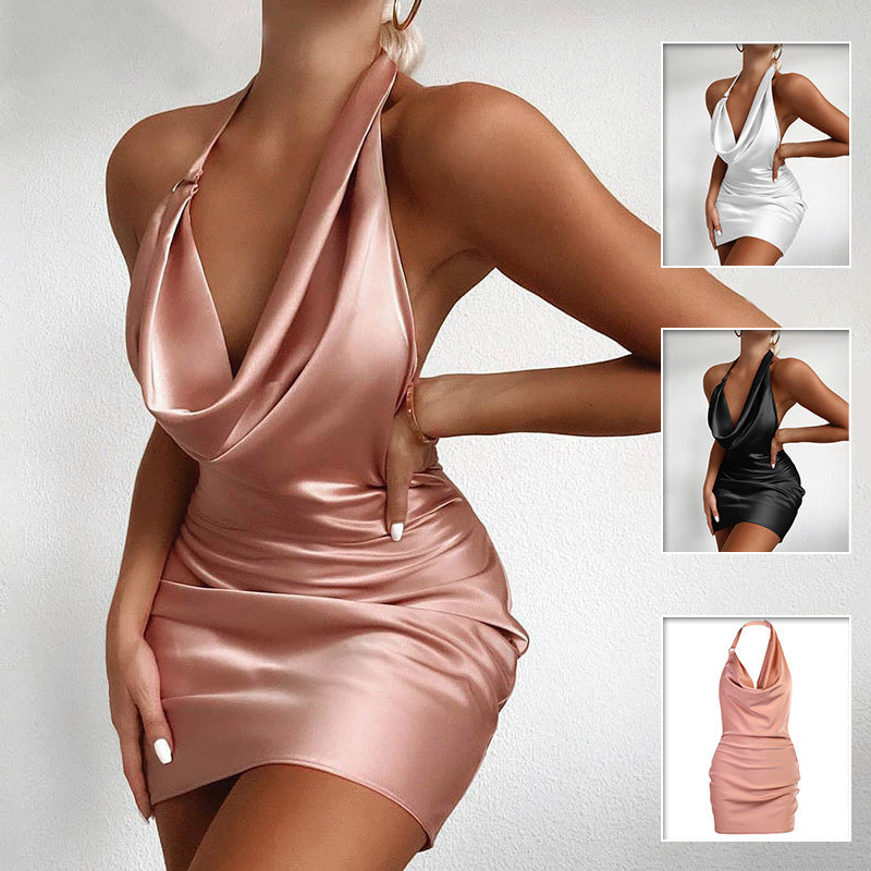 Satin V Neck Backless Mini Sleeveless Summer Party Dress