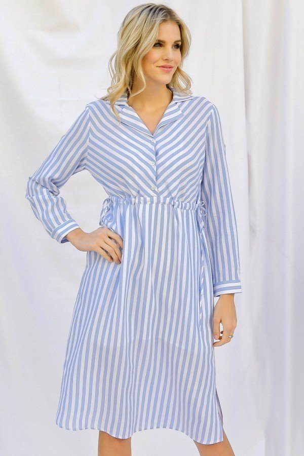 Stripe Print Cinched Waist Long Sleeve Shirt Midi Dress - Dignitestore