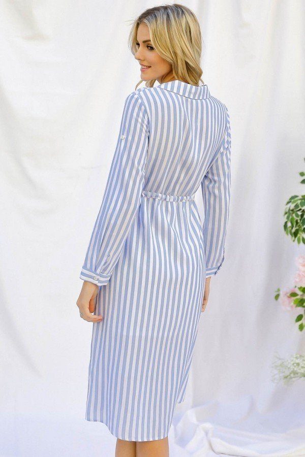 Stripe Print Cinched Waist Long Sleeve Shirt Midi Dress - Dignitestore