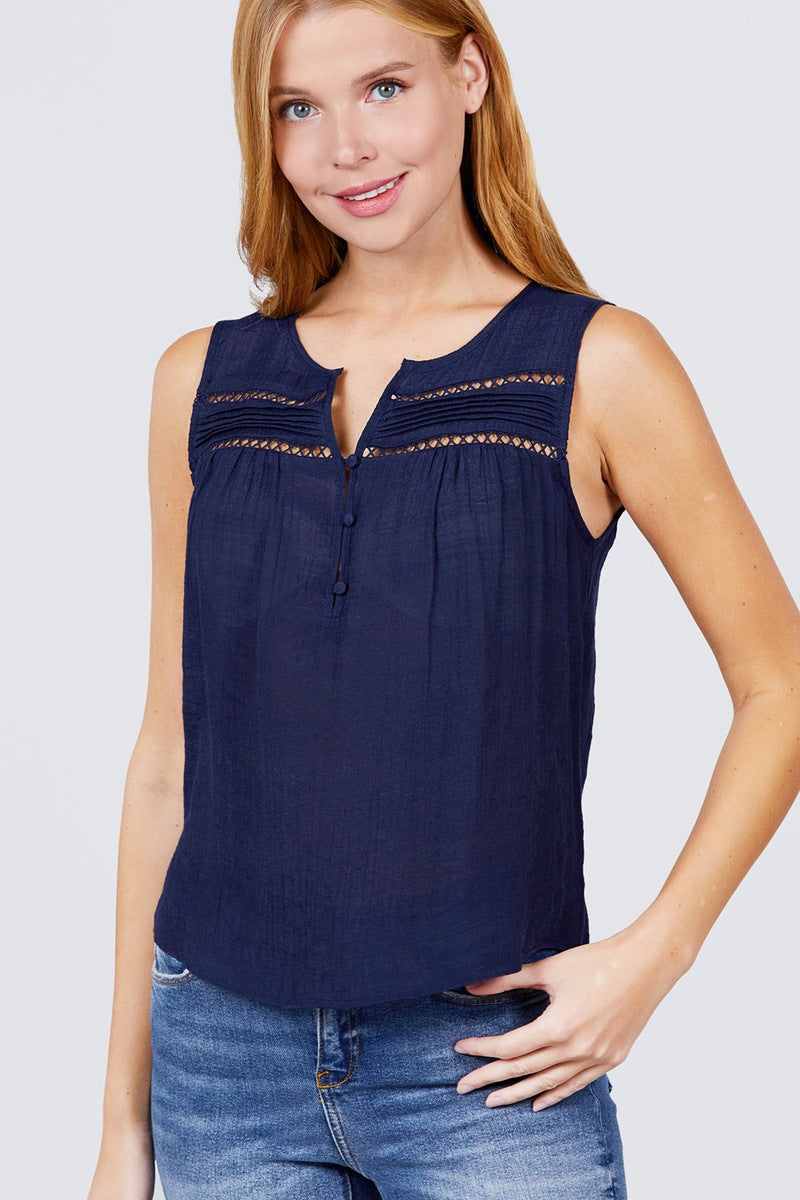 Sleeveless Front Pleats Detail W/button Woven Top - Dignitestore