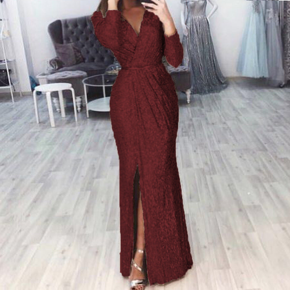 Women's Long Dress Evening Dress Deep V-neck - Dignitestore Red / S Lady dress